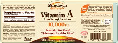 Photo of the Sundown Naturals Vitamin A From Retinyl Palmitate 10,000 IU label