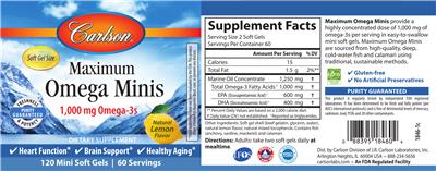 Photo of the Carlson Maximum Omega Minis 1,000 mg Natural Lemon Flavor label