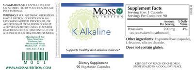 Photo of the Moss Nutrition K Alkaline label