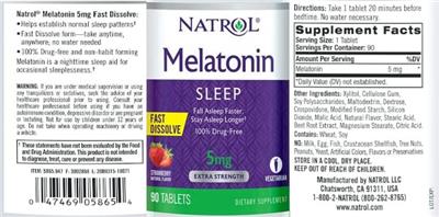 Photo of the Natrol Melatonin 5 mg Fast Dissolve Strawberry Natural Flavor label