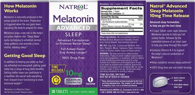 Photo of the Natrol Melatonin Advanced Sleep 10 mg Time Release label