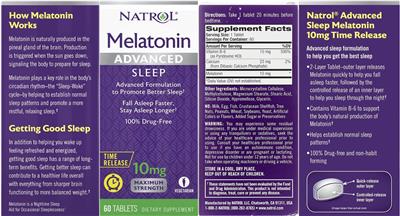Photo of the Natrol Melatonin 10 mg Advanced Sleep Time Release label