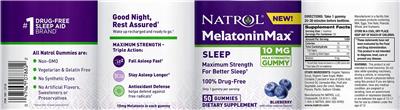 Photo of the Natrol MelatoninMax 10 mg Blueberry label