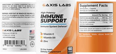 Photo of the Axis Labs High Potency Immune Support label