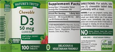 Photo of the Nature's Truth Chewable D3 50 mcg (2,000 IU) Natural Berry Flavor label