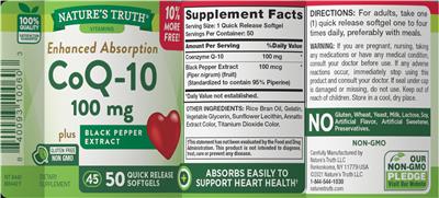 Photo of the Nature's Truth CoQ-10 100 mg plus Black Pepper Extract label