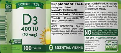 Photo of the Nature's Truth D3 400 IU (10 mcg) label