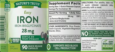 Photo of the Nature's Truth Easy Iron 28 mg label