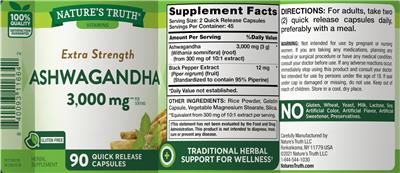Photo of the Nature's Truth Extra Strength Ashwagandha 3,000 mg label