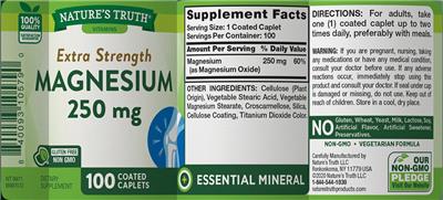 Photo of the Nature's Truth Extra Strength Magnesium 250 mg label