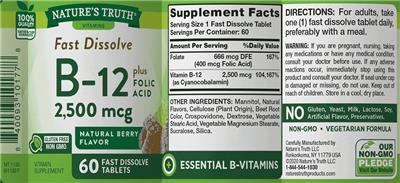 Photo of the Nature's Truth Fast Dissolve B-12 2,500 mg plus Folic Acid Natural Berry Flavor label