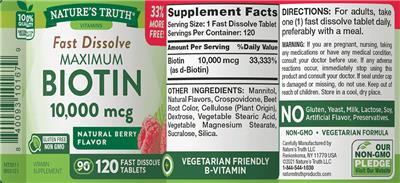 Photo of the Nature's Truth Fast Dissolve Maximum Biotin 10,000 mcg Natural Berry Flavor label