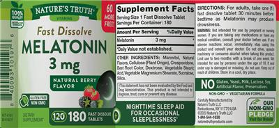 Photo of the Nature's Truth Fast Dissolve Melatonin 3 mg Natural Berry Flavor label