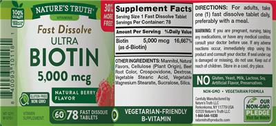 Photo of the Nature's Truth Fast Dissolve Ultra Biotin 5,000 mcg Natural Berry Flavor label