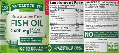 Photo of the Nature's Truth Fish Oil 2,400 mg Natural Lemon Flavor label