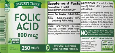 Photo of the Nature's Truth Folic Acid 800 mcg label