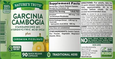 Photo of the Nature's Truth Garcinia Cambogia plus Chromium Picolinate label