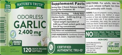 Photo of the Nature's Truth Garlic 2,400 mg label