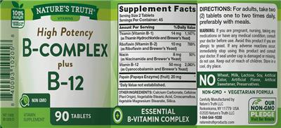 Photo of the Nature's Truth High Potency B-Complex plus B-12 label