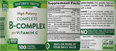 Photo of the Nature's Truth High Potency Complete B-Complex plus Vitamin C label