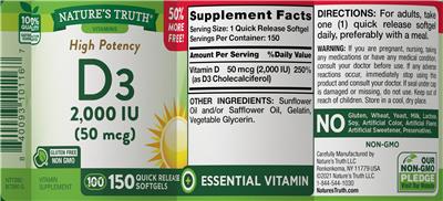 Photo of the Nature's Truth High Potency D3 2,000 IU (50 mcg) label