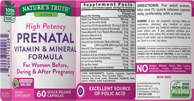 Photo of the Nature's Truth High Potency Prenatal Vitamin & Mineral Formula label