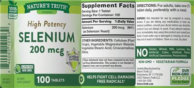 Photo of the Nature's Truth High Potency Selenium 200 mcg label