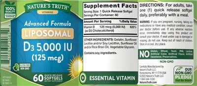 Photo of the Nature's Truth Liposomal D3 5,000 IU (125 mcg) label