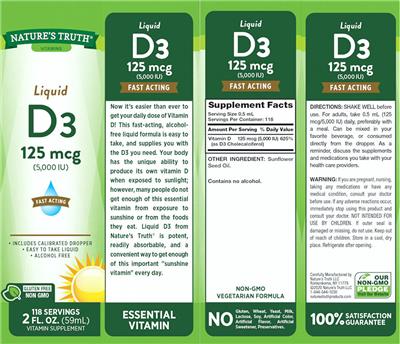 Photo of the Nature's Truth Liquid D3 125 mcg (5,000 IU) label