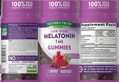 Photo of the Nature's Truth Low Dose Melatonin 1 mg Gummies Natural Cherry Pomegranate Flavor label