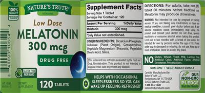 Photo of the Nature's Truth Low Dose Melatonin 300 mcg label