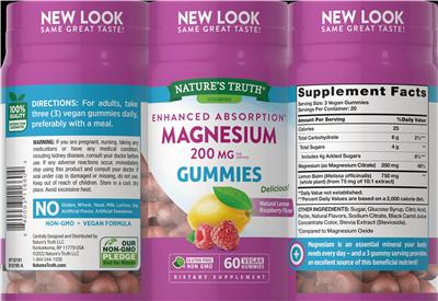 Photo of the Nature's Truth Magnesium 200 mg Gummies Natural Lemon Raspberry Flavor label