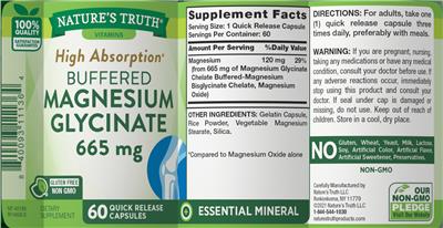 Photo of the Nature's Truth Magnesium Glycinate 665 mg label