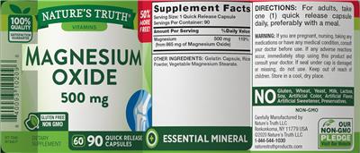 Photo of the Nature's Truth Magnesium Oxide 500 mg label