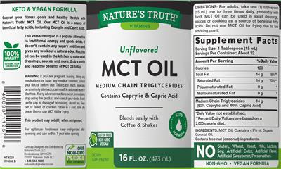 Photo of the Nature's Truth MCT Oil Unflavored label