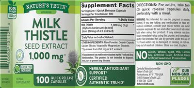 Photo of the Nature's Truth Milk Thistle Seed Extract 1,000 mg label