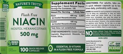 Photo of the Nature's Truth Niacin 500 mg Flush Free label