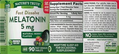 Photo of the Nature's Truth Fast Dissolve Melatonin 5 mg Natural Berry Flavor label