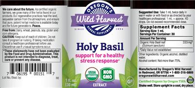 Photo of the Oregon's Wild Harvest Holy Basil Extract label