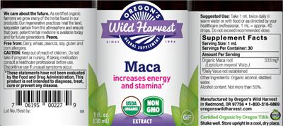 Photo of the Oregon's Wild Harvest Maca Extract label