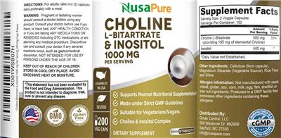 Photo of the NusaPure Choline L-Bitartrate & Inositol 1000 mg label