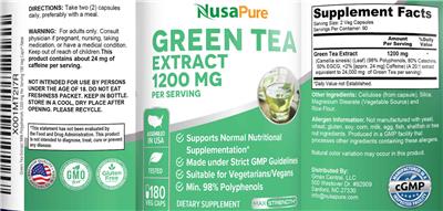 Photo of the NusaPure Green Tea Extract 1200 mg label