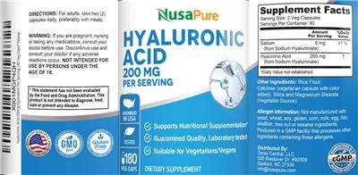 Photo of the NusaPure Hyaluronic Acid 200 mg label