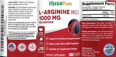 Photo of the NusaPure L-Arginine HCL 1000 mg label