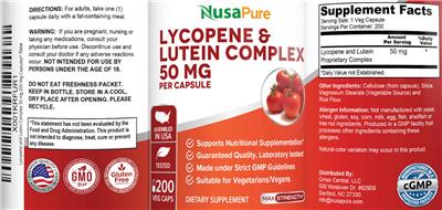 Photo of the NusaPure Lycopene & Lutein Complex 50 mg label