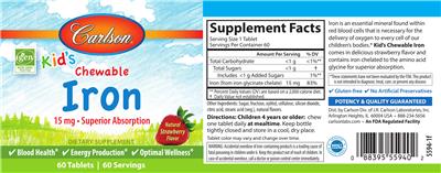 Photo of the Carlson Kid's Chewable Iron 15 mg Natural Strawberry Flavor label