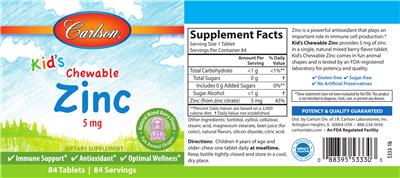 Photo of the Carlson Kid's Chewable Zinc 5 mg Natural Mixed Berry Flavor label