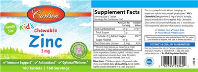 Photo of the Carlson Kid's Chewable Zinc 5 mg Natural Mixed Berry Flavor label