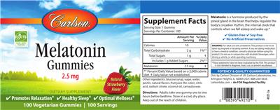Photo of the Carlson Melatonin Gummies 2.5 mg Natural Strawberry Flavor label