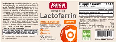 Photo of the Jarrow Formulas Freeze Dried Lactoferrin 250 mg label